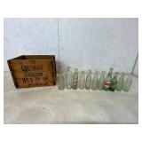 Wooden Milk Crate with 11 Glass Bottles