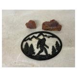 Cast Iron Bigfoot Plaque and Petrified Wood Pieces