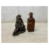 Bronze Cowboy Figurine and Leather-Wrapped Glass F