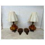 Amber Glass Table Lamps with Two Wall Shelves