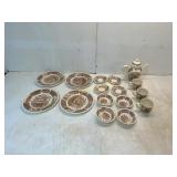 Brown Transferware Tea Set and Plates, 16 Pieces