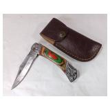 Damascus Folding Locking Blade Knife with Sheath