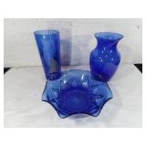 Blue Glass Vases and Bowl