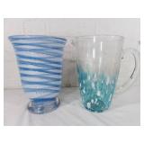 Blue and White Glass Vase and Pitcher