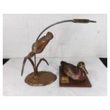 Metal Duck Sculpture and Wood Base Duck Figurine