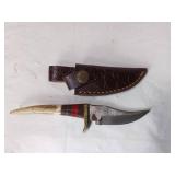 Damascus Knife with Bone Handle and Leather Sheath