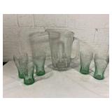 Glass Coca-Cola Pitcher with Six Green Glasses
