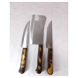 3 Damascus Butcher Knives with Swirled Handles