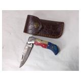 Damascus Folding Locking Blade Knife with Sheath
