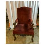 Carved Wood Armchair with Red Upholstery