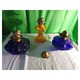 Three Glass Oil Lamps With Metal Burners