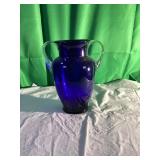 Blue Glass Vase with Clear Ribbed Handles