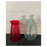 Red Frosted Glass Vase and Green Glass Bottle