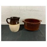 Stoneware Pitcher and Brown Glazed Casserole Dish