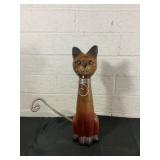 Carved Wooden Cat Sculpture With Metal Accents