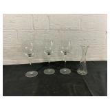 3 Etched Wine Glasses and Small Clear Vase