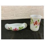 Milk Glass Vase and Bowl with Floral Motif