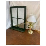 Vintage-Style Brass Lamp and Window Frame Mirror