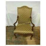 Carved Wood Armchair with Patterned Upholstery