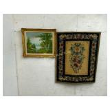 Framed Landscape Painting and Floral Tapestry