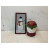 Snowman Ceramic Container and Painted Wall Art