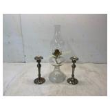 Glass Oil Lamp and Ornate Metal Candleholders