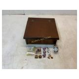 Wooden Box, Pins, and Watch Collection