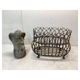 Two Items: Angel Statue and Iron Basket