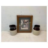 Two Roseville Pottery Pitchers and Framed Print