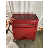Red Metal Toolbox on Casters With Contents