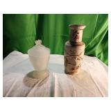 Frosted Glass Lidded Jar and Incised Ceramic Vase