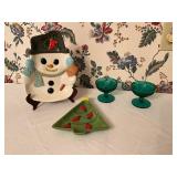 Ceramic Holiday Plates and Green Glasses