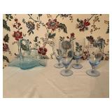 Blue Glass Basket and Stemware Set