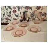 Pink Depression Glass Pitcher and 5 Plates