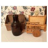 Decorative Items Including Basket and Wooden Cart