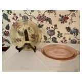 2 Depression Glass Plates, Yellow and Pink