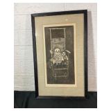 Framed Linocut Print of Dolls in Stroller