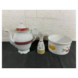 Porcelain Tea Pitcher, Glass Cruet, and Fruit Bowl