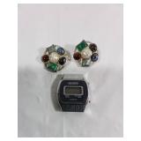 Gemstone Clip-On Earrings and Digital Watch