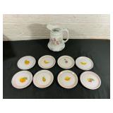 9 Ceramic Pieces: Floral Pitcher and Fruit-Themed