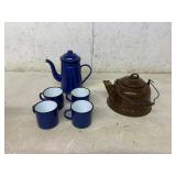 6 Enamelware Pieces: Teapot, Kettle, and Mugs