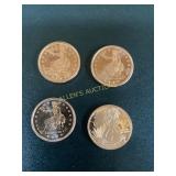 Four 1 Oz .999 Fine Copper Liberty and Eagle Repli