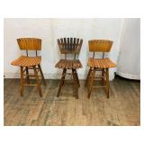 Three Wooden Slat-Back Bar Stools