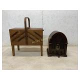 Wooden Sewing Box and Cathedral-Style Radio