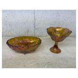 Carnival Glass Footed Compote and Oval Bowl Set