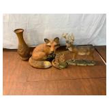 Four Decorative Animal Figurines and Wooden Vase