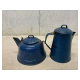Blue Speckled Enamel Coffee Pot and Teapot Set
