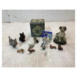 14 Small Dog Figurines and Decorative Tin