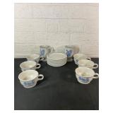 Stoneware Cups, Saucers, and Creamer Set with Blue