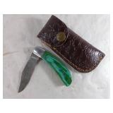 Damascus Folding Knife with Leather Sheath
